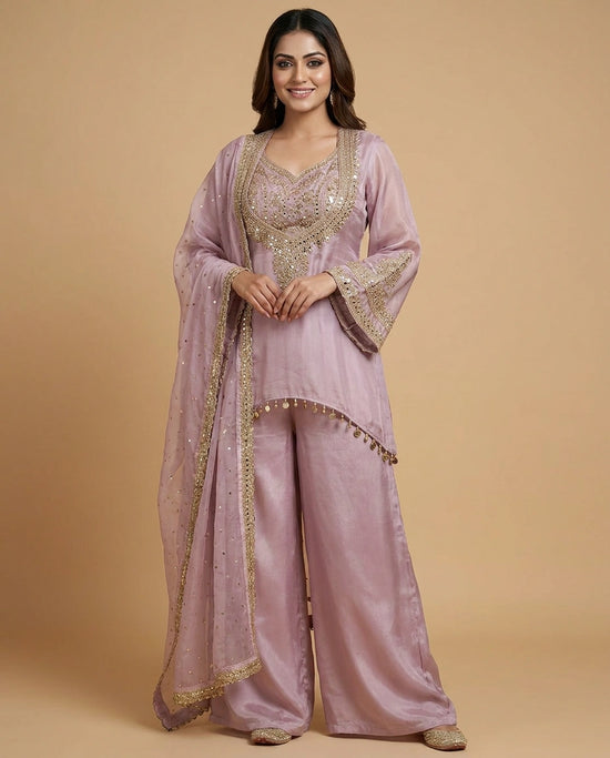Tissue Jacket Choli Palazzo Set with Embroidered Detail - Rangoli India