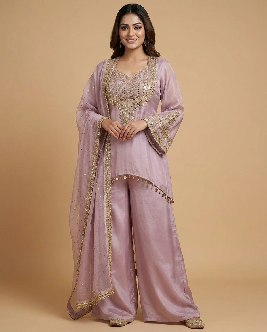 Tissue Jacket Choli Palazzo Set with Embroidered Detail - Rangoli India