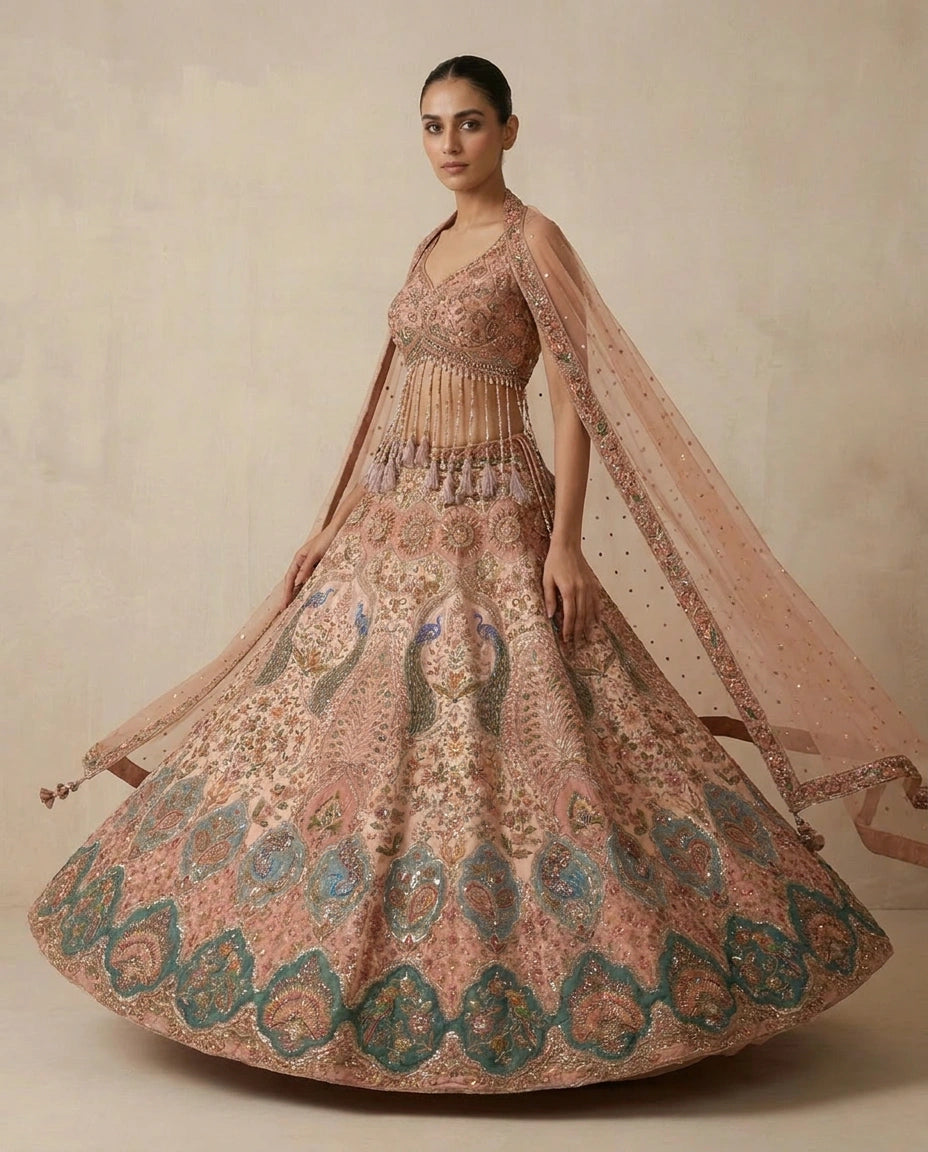 Dola Silk Croptop Lehenga with Sequin and Zari Embellished Skirt - Rangoli India