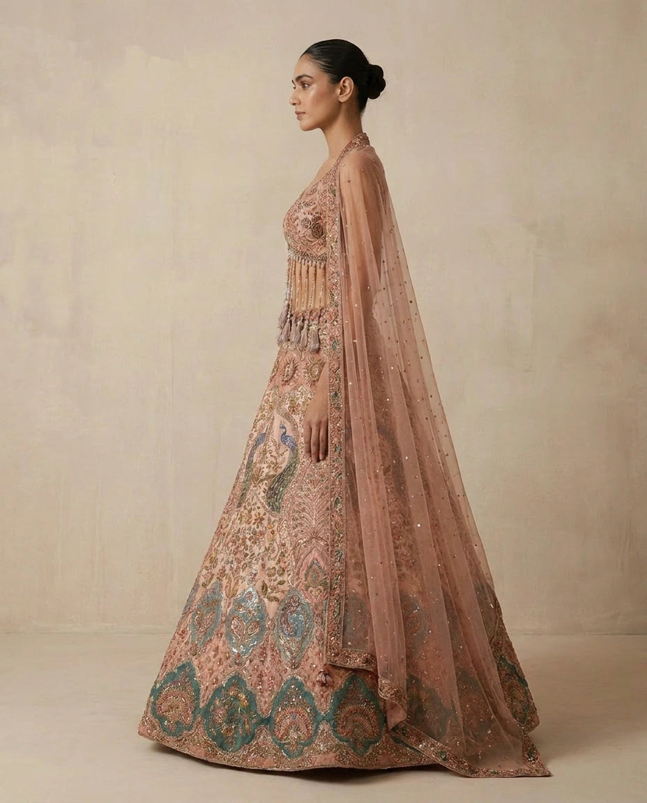 Dola Silk Croptop Lehenga with Sequin and Zari Embellished Skirt - Rangoli India