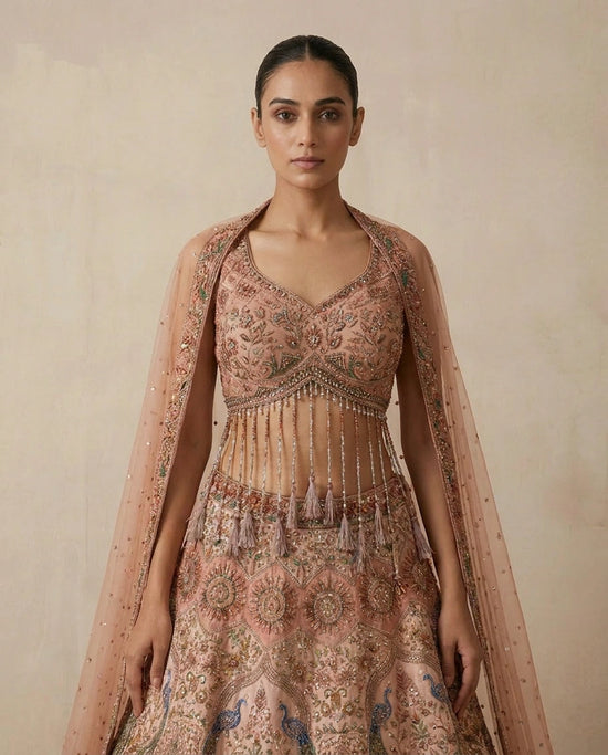 Dola Silk Croptop Lehenga with Sequin and Zari Embellished Skirt - Rangoli India