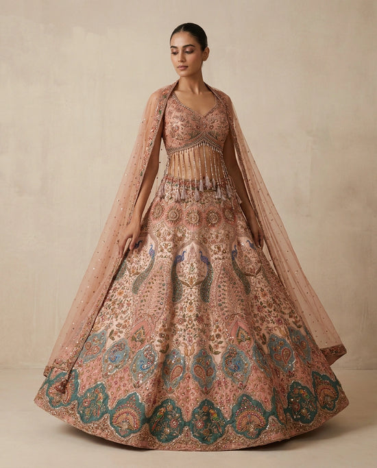 Dola Silk Croptop Lehenga with Sequin and Zari Embellished Skirt - Rangoli India