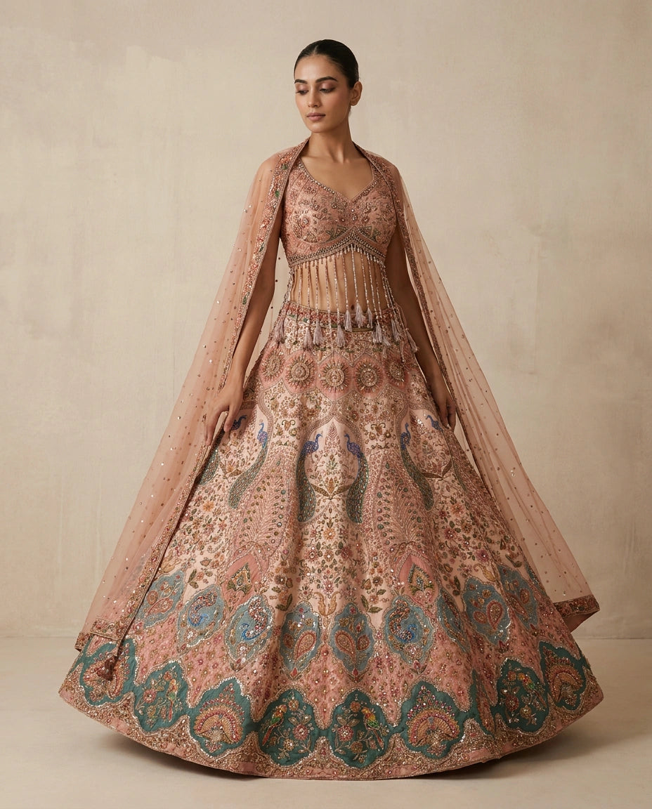 Dola Silk Croptop Lehenga with Sequin and Zari Embellished Skirt - Rangoli India
