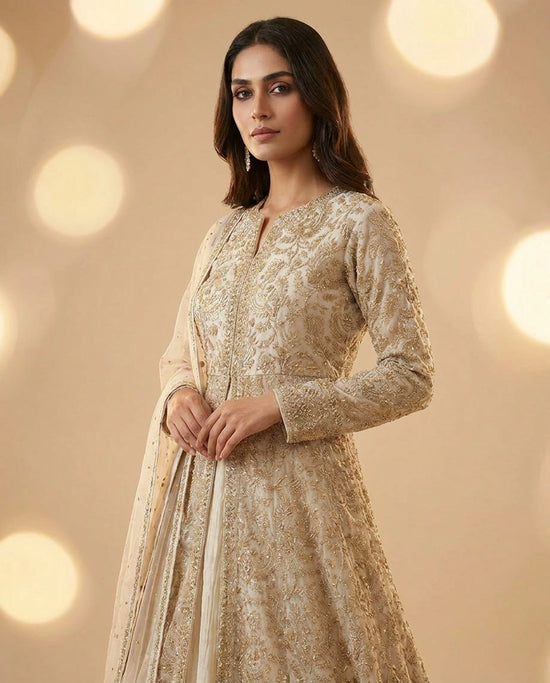 Off White Chinon Lehenga Set with Long Jacket view 2