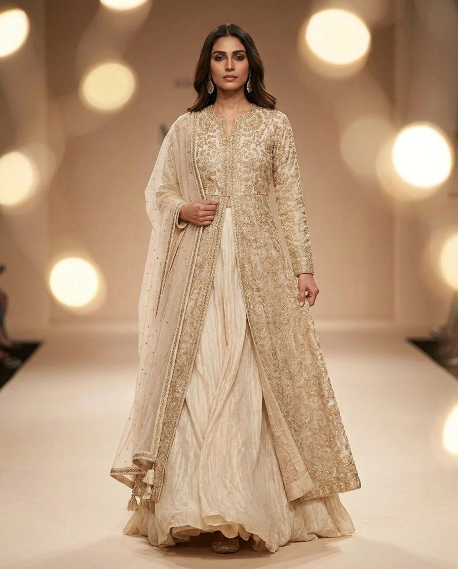 Off White Chinon Lehenga Set with Long Jacket view 3