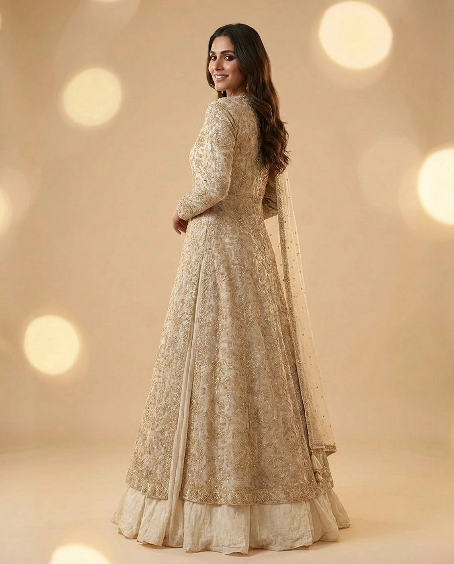 Off White Chinon Lehenga Set with Long Jacket view 4