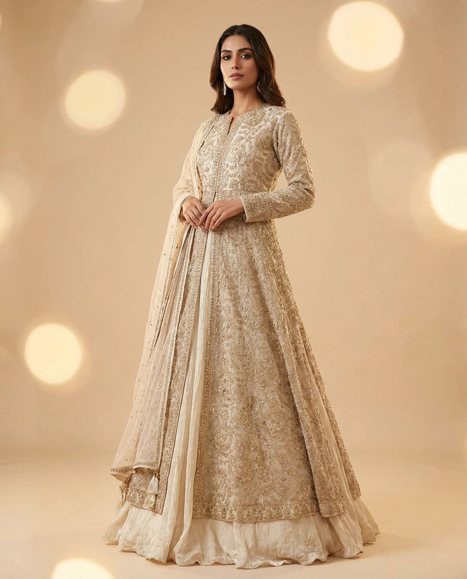 Off White Chinon Lehenga Set with Long Jacket - Rangoli India