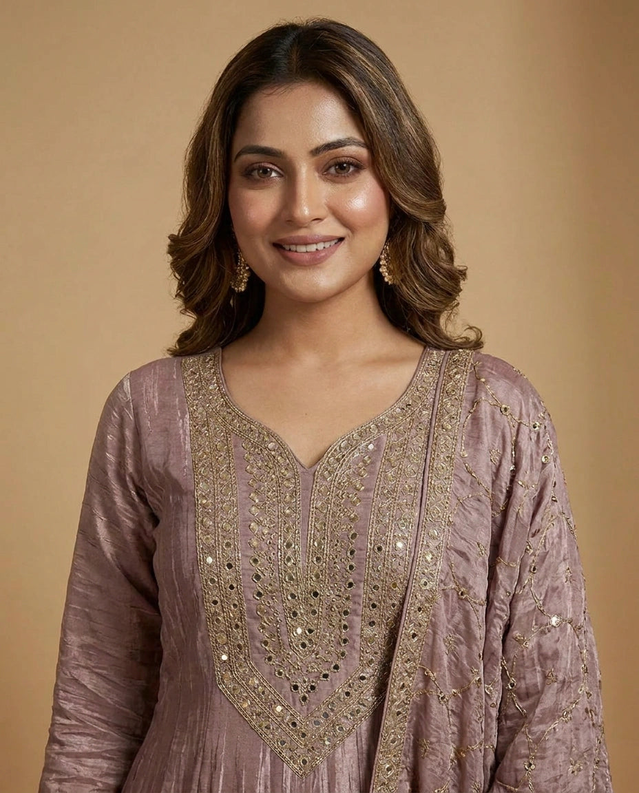 Mauve Tissue Anarkali Gown with Embroidered Detail - Rangoli India