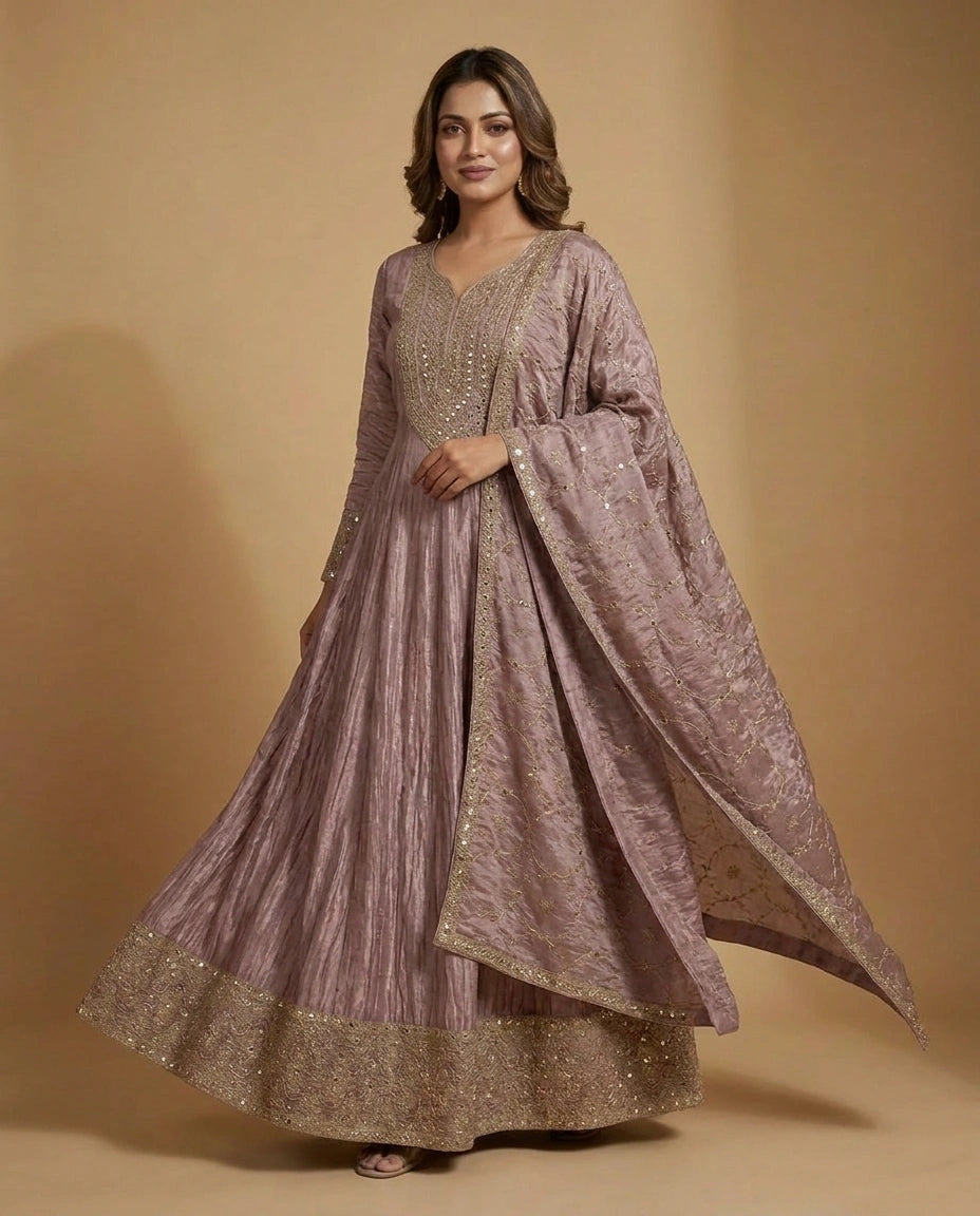 Mauve Tissue Anarkali Gown with Embroidered Detail - Rangoli India