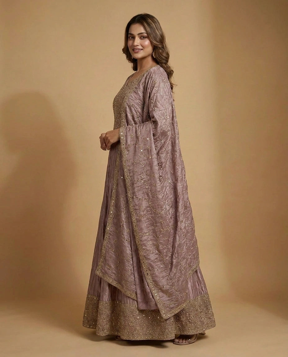 Mauve Tissue Anarkali Gown with Embroidered Detail - Rangoli India