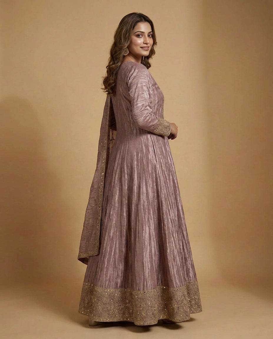 Mauve Tissue Anarkali Gown with Embroidered Detail - Rangoli India