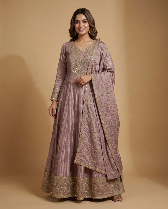Mauve Tissue Anarkali Gown with Embroidered Detail - Rangoli India