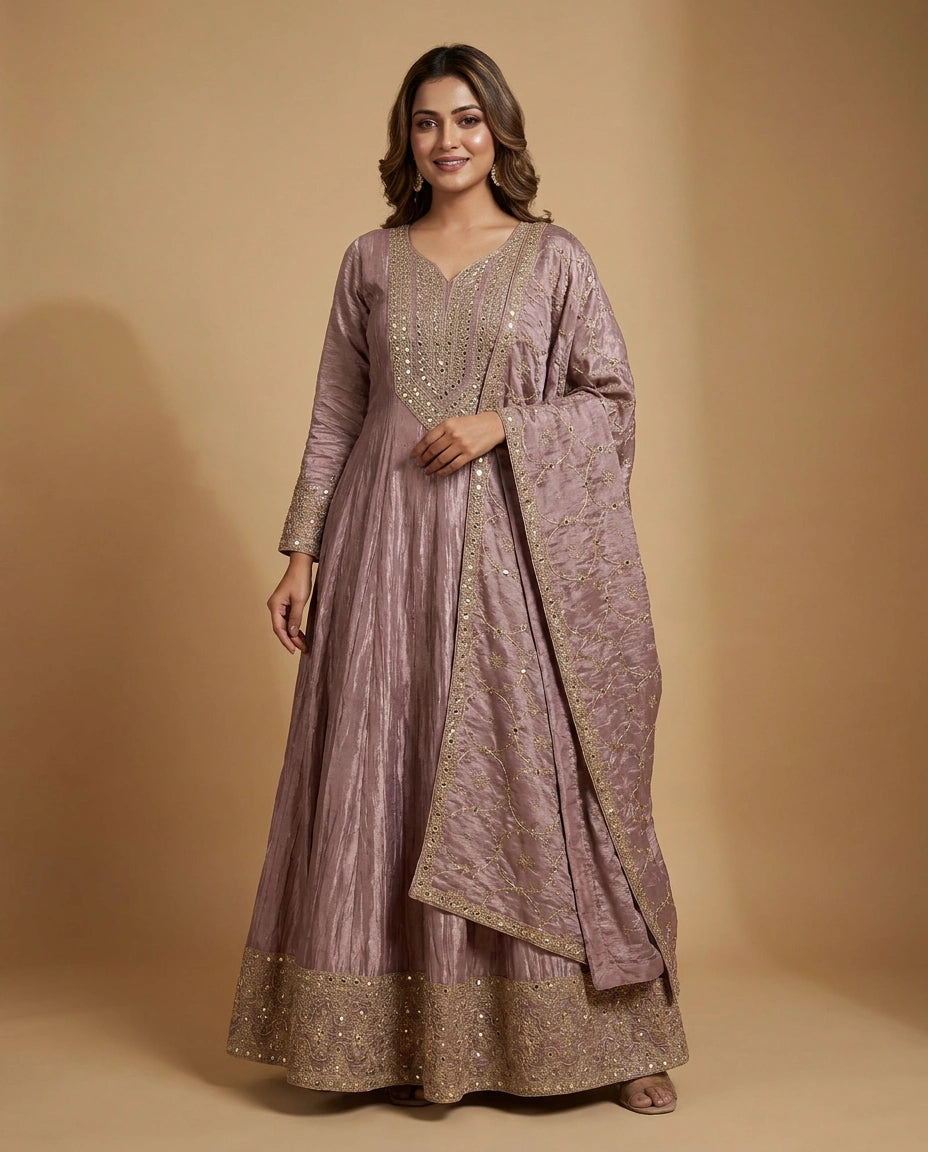 Mauve Tissue Anarkali Gown with Embroidered Detail - Rangoli India