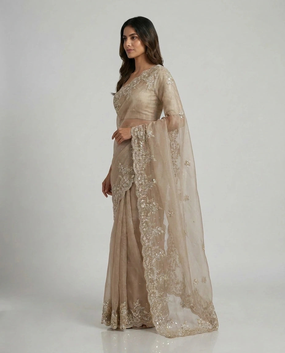 Organza Designer Saree with Hand Embroidery view 3