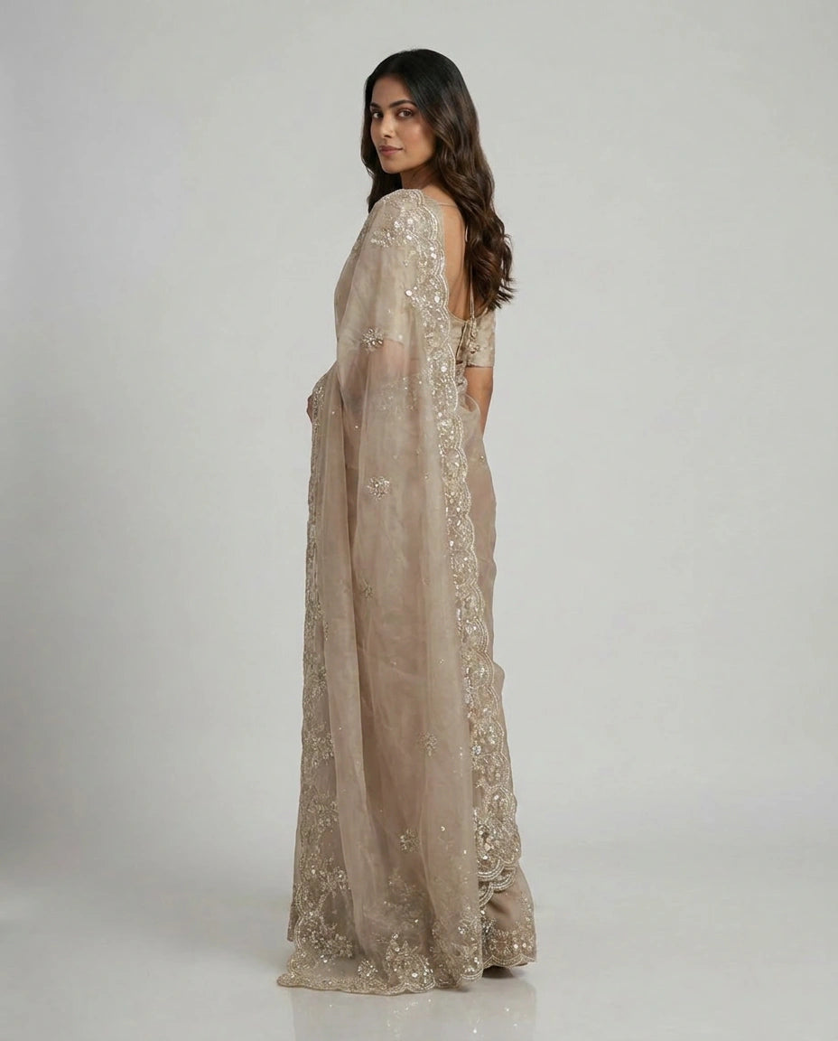 Organza Designer Saree with Hand Embroidery view 4