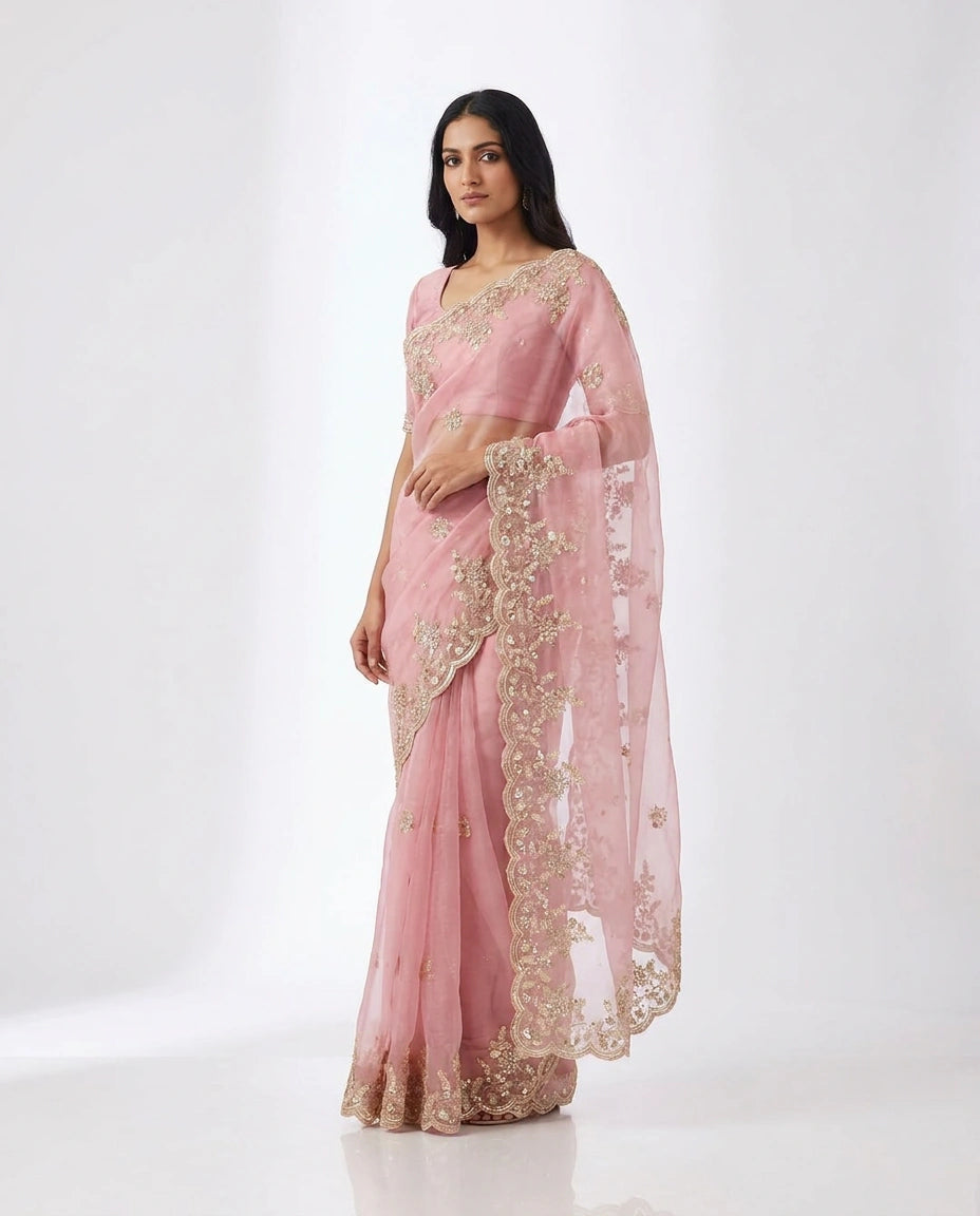Organza Designer Saree with Hand Embroidery view 5