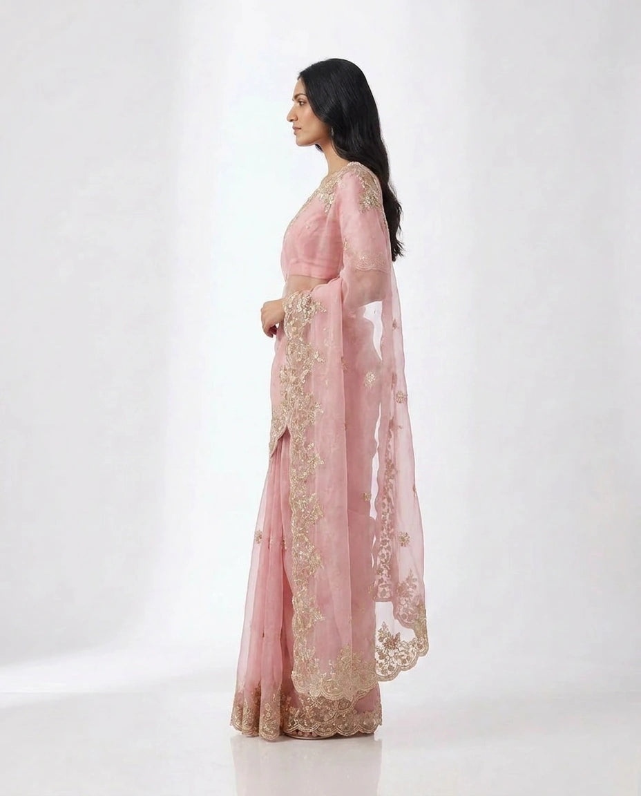 Organza Designer Saree with Hand Embroidery view 7