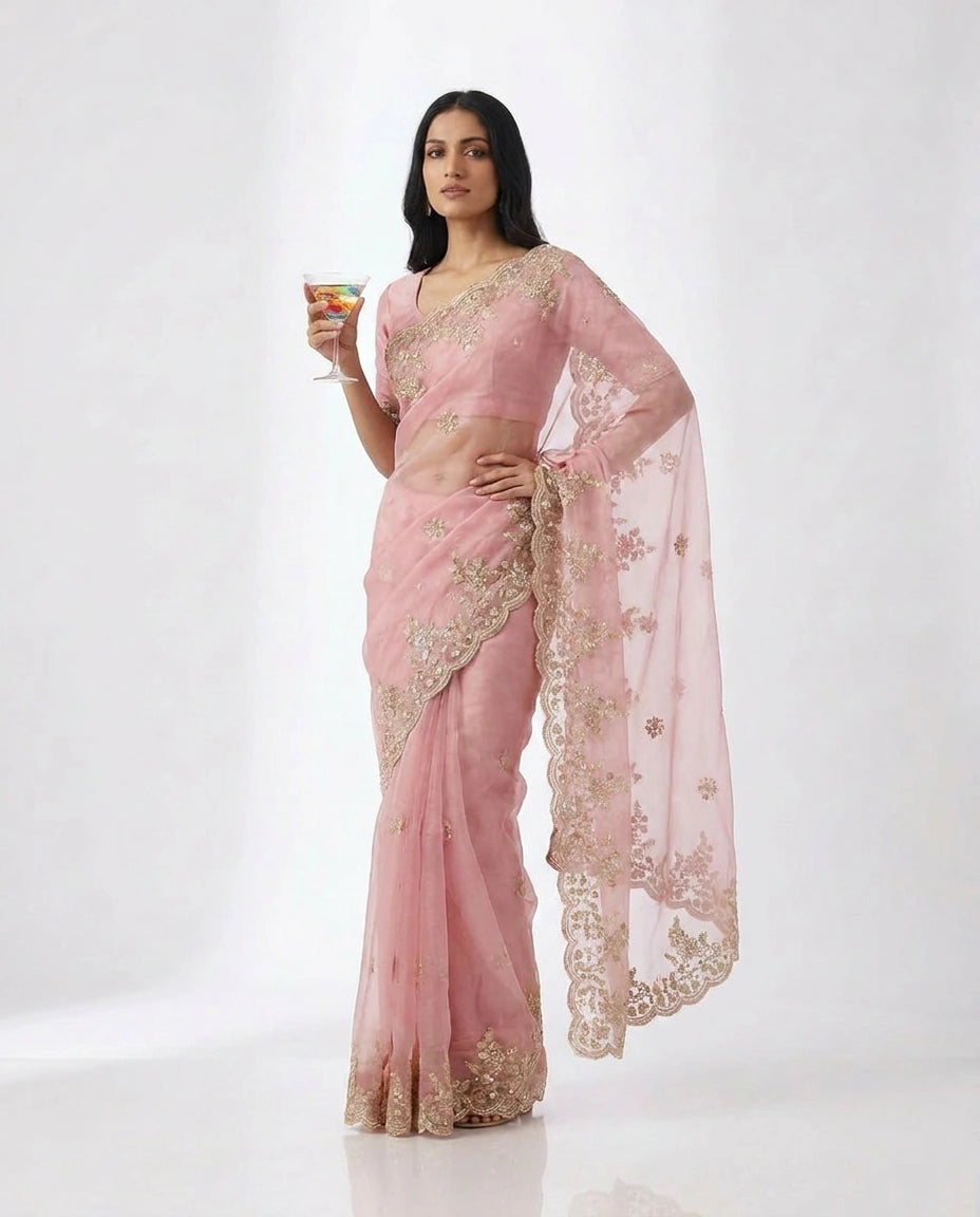 Organza Designer Saree with Hand Embroidery view 8