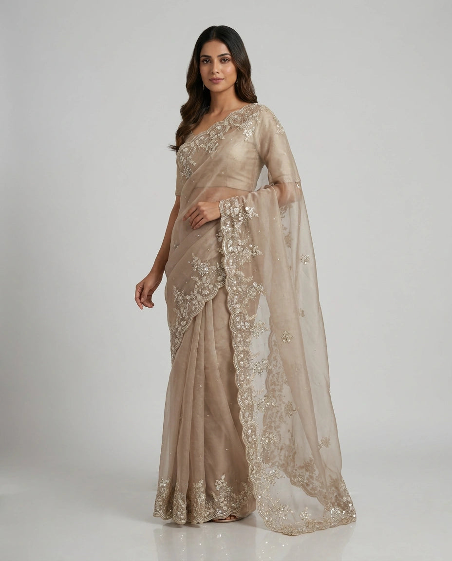Organza Designer Saree with Hand Embroidery - Rangoli India