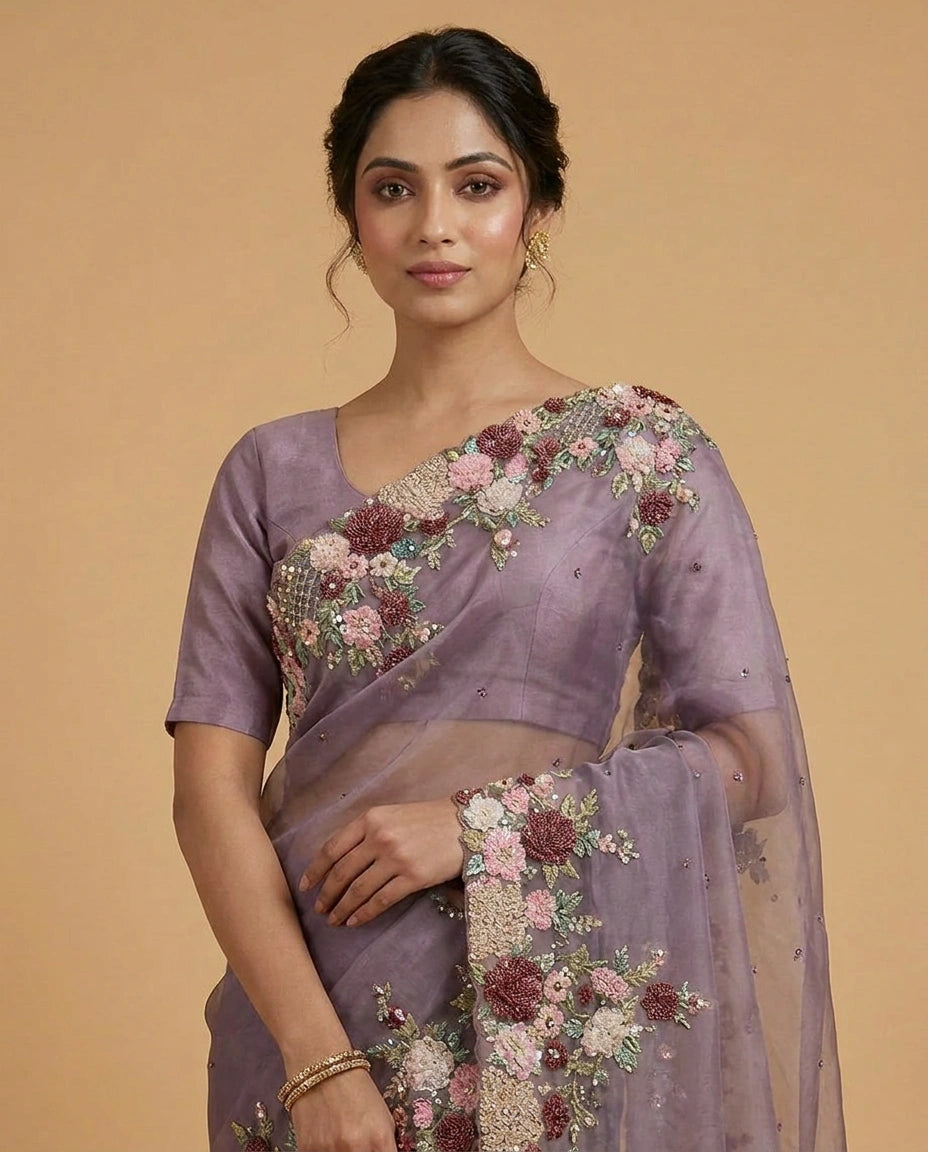Organza Designer Saree with Hand Embroidery for Festive Wear view 2