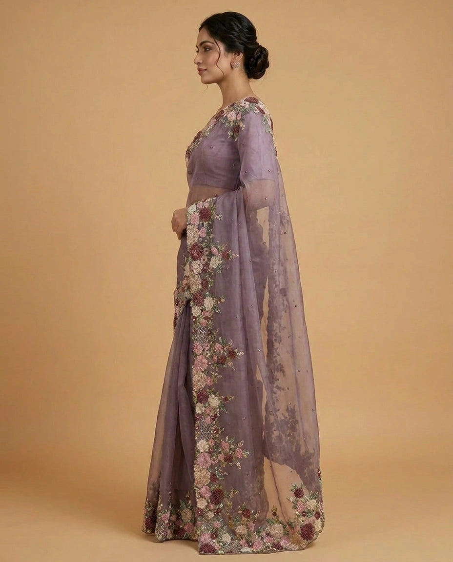 Organza Designer Saree with Hand Embroidery for Festive Wear view 3