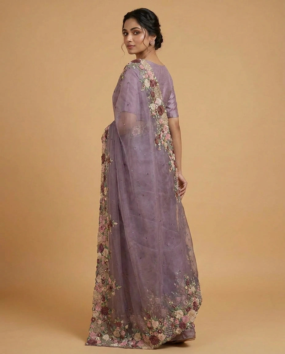 Organza Designer Saree with Hand Embroidery for Festive Wear view 4