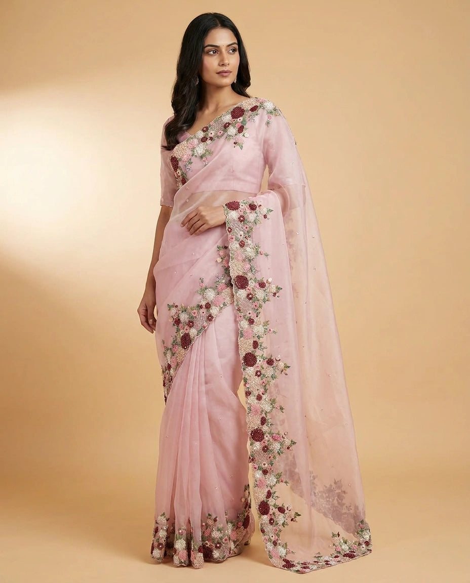 Organza Designer Saree with Hand Embroidery for Festive Wear view 5