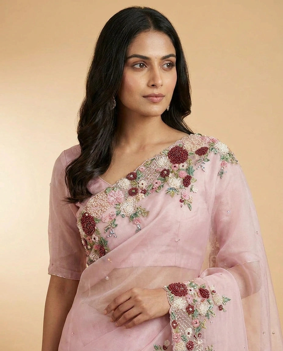 Organza Designer Saree with Hand Embroidery for Festive Wear view 6