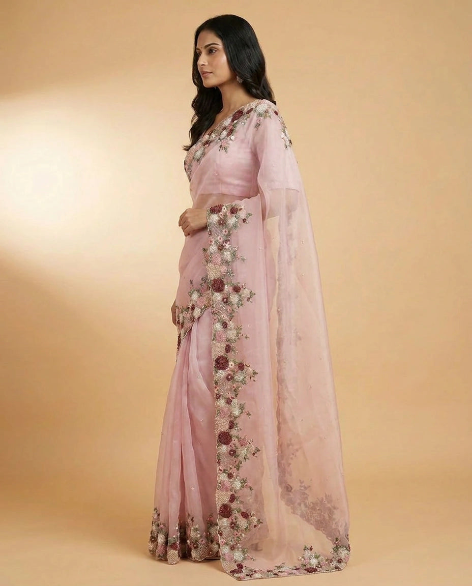 Organza Designer Saree with Hand Embroidery for Festive Wear view 7