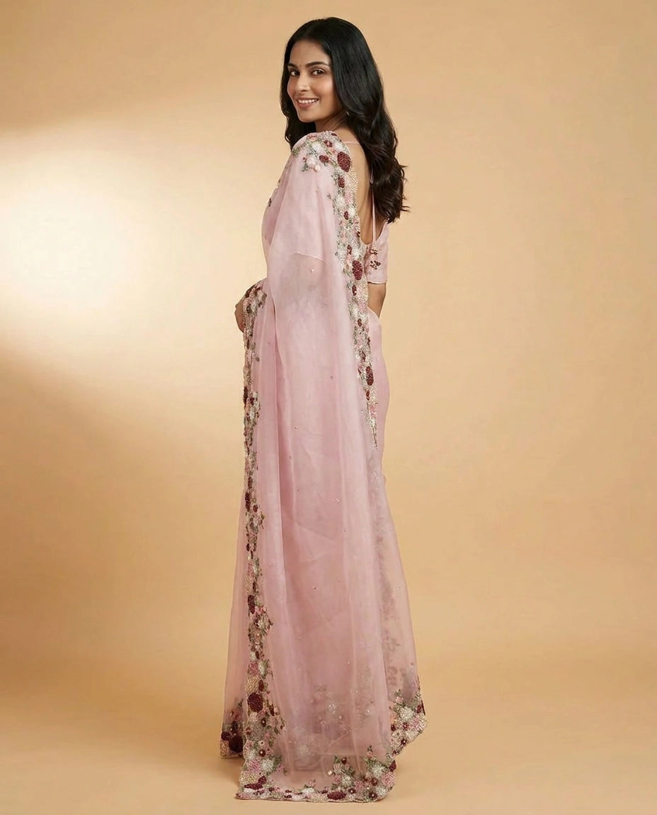 Organza Designer Saree with Hand Embroidery for Festive Wear view 8