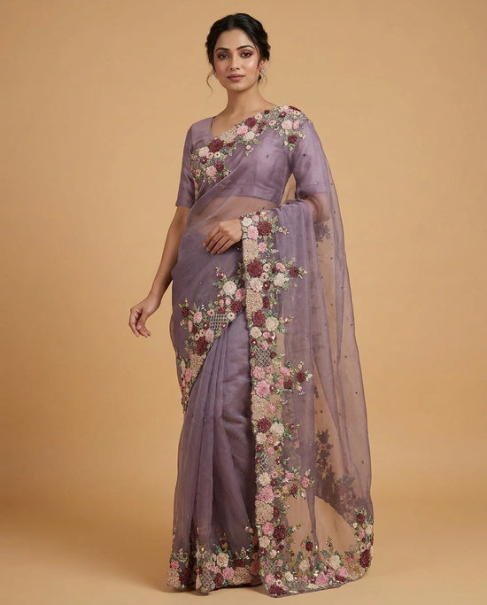 Organza Designer Saree with Hand Embroidery for Festive Wear - Rangoli India