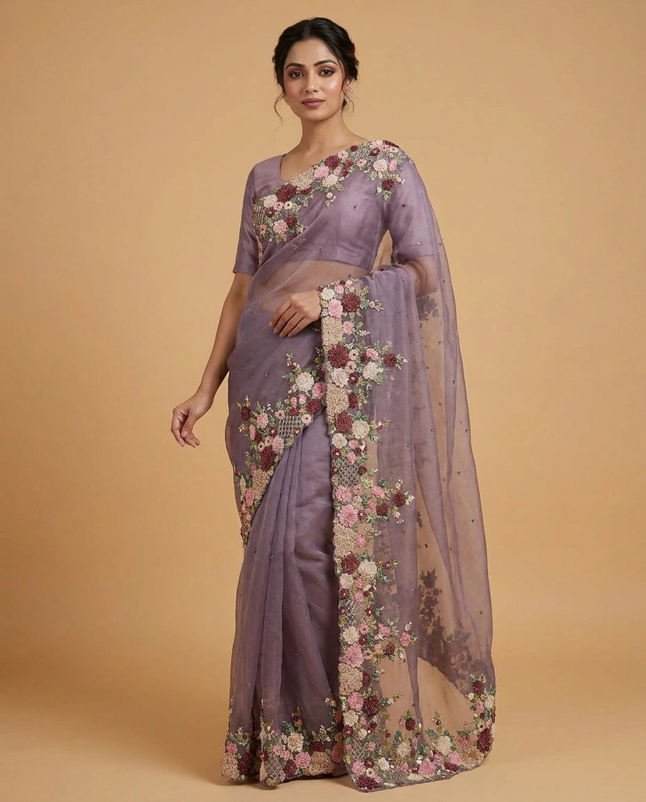 Organza Designer Saree with Hand Embroidery for Festive Wear - Rangoli India