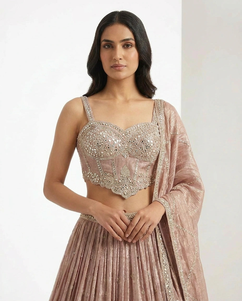 Crush Tissue Croptop Lehenga with Embroidered Croptop - Rangoli India