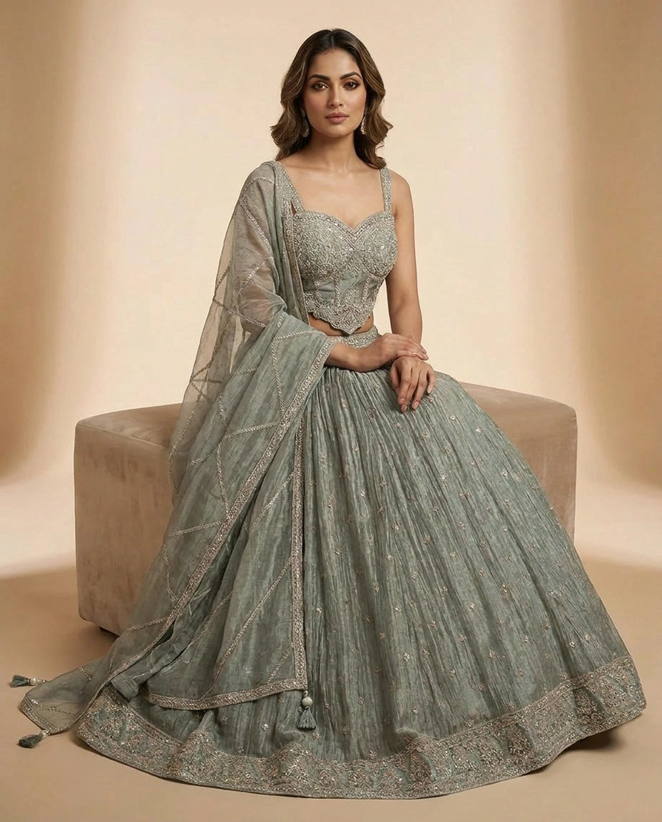 Crush Tissue Croptop Lehenga with Embroidered Croptop view 8