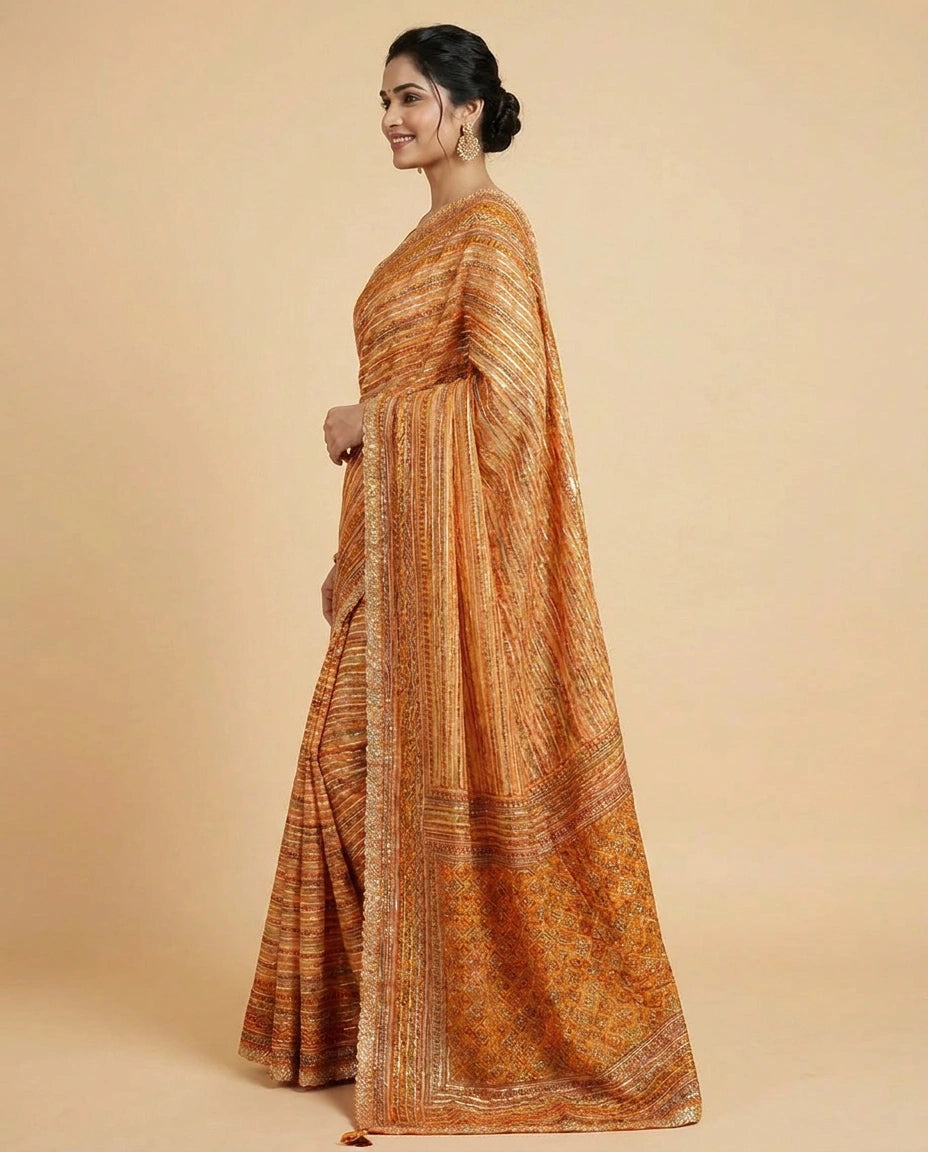 Multi-Colour Organza Embroidered Saree with Striped Pattern - Rangoli India