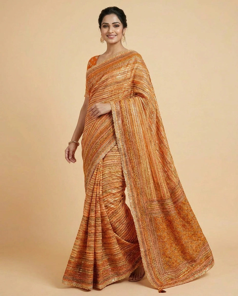 Multi-Colour Organza Embroidered Saree with Striped Pattern - Rangoli India