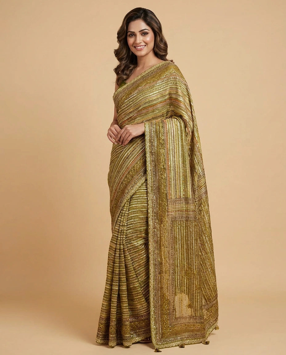 Multi-Colour Organza Embroidered Saree with Striped Pattern - Rangoli India