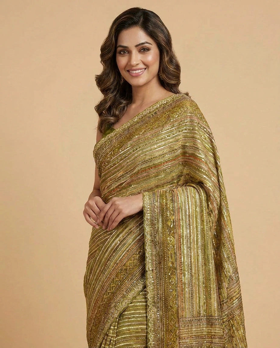 Multi-Colour Organza Embroidered Saree with Striped Pattern - Rangoli India
