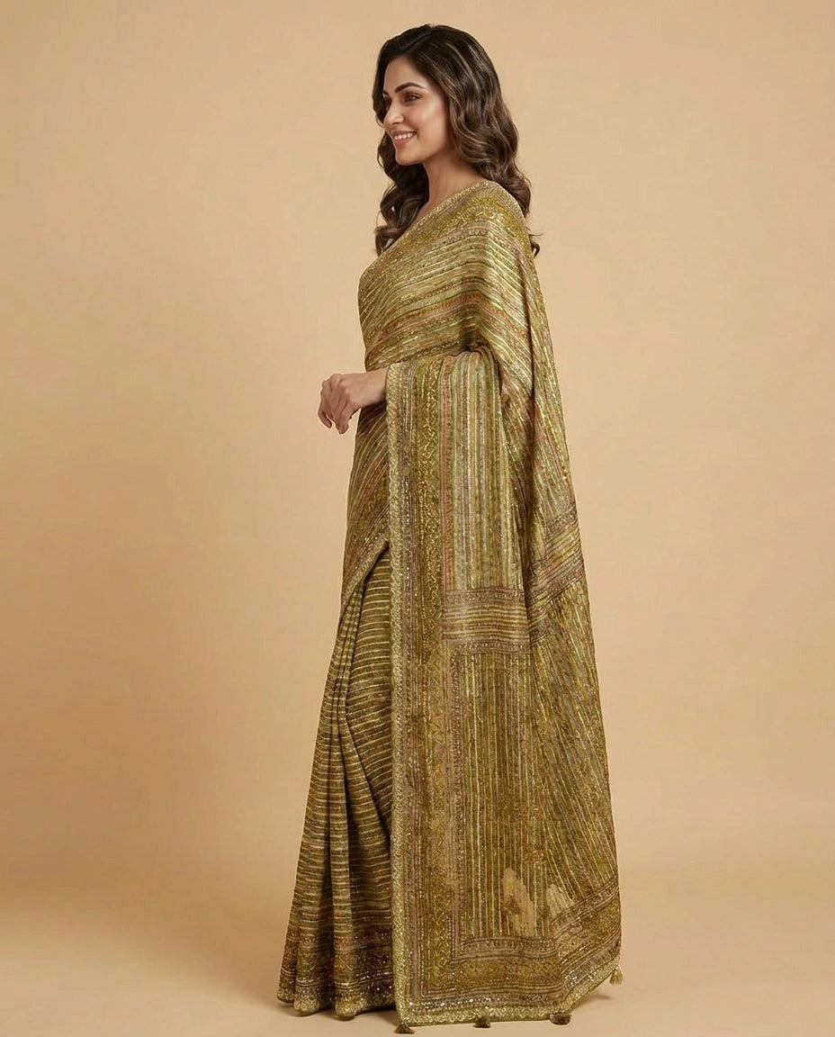 Multi-Colour Organza Embroidered Saree with Striped Pattern - Rangoli India