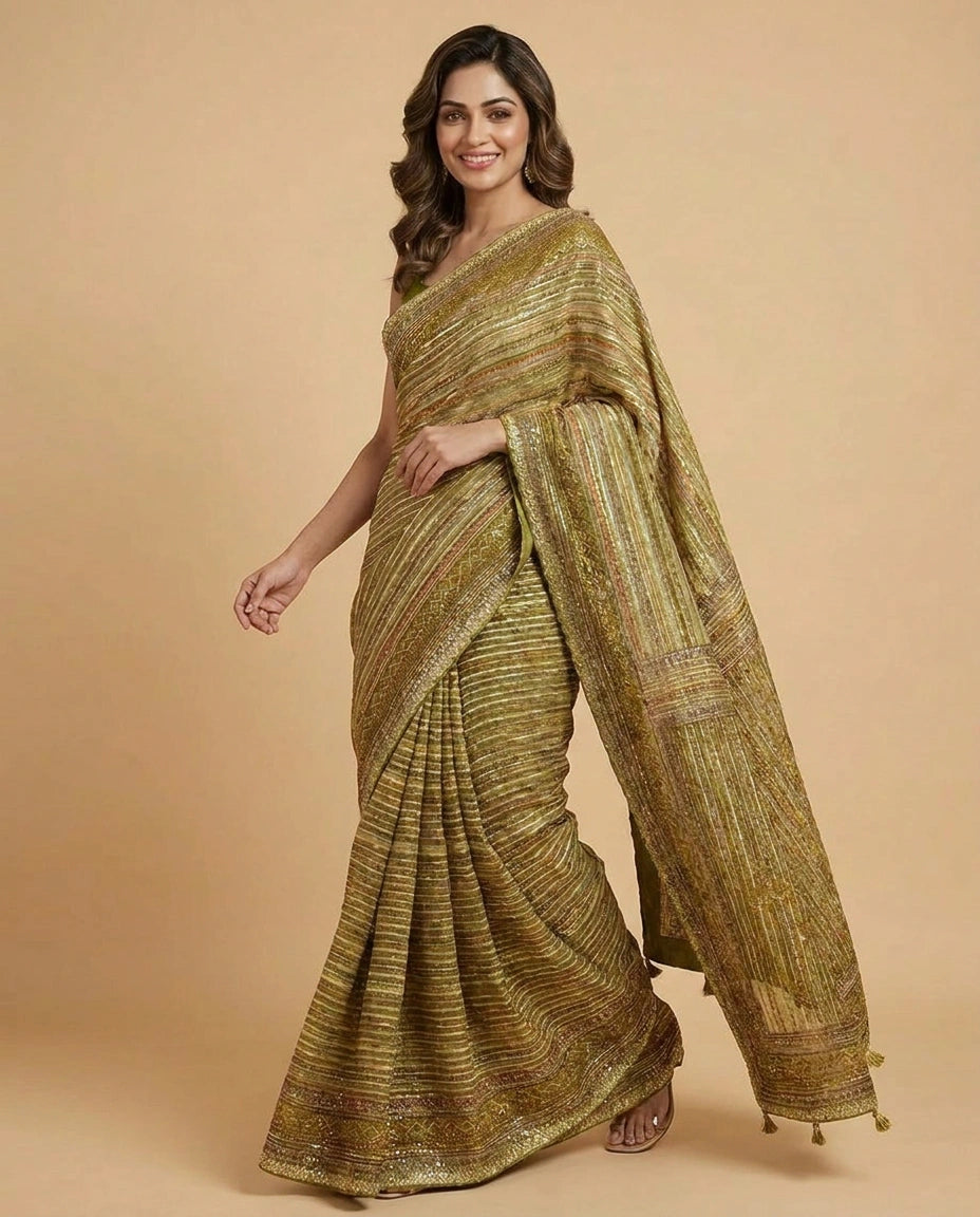 Multi-Colour Organza Embroidered Saree with Striped Pattern - Rangoli India