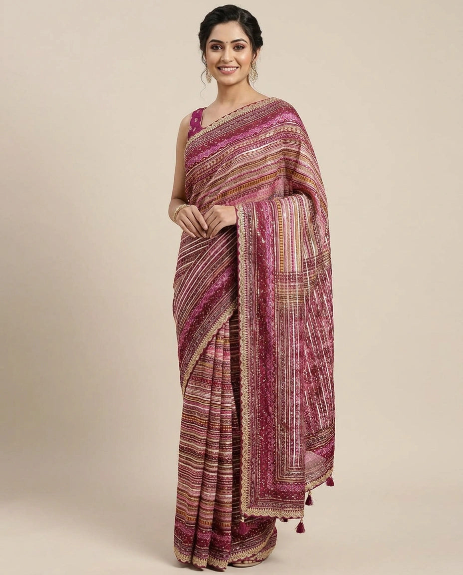 Multi-Colour Organza Embroidered Saree with Striped Pattern - Rangoli India