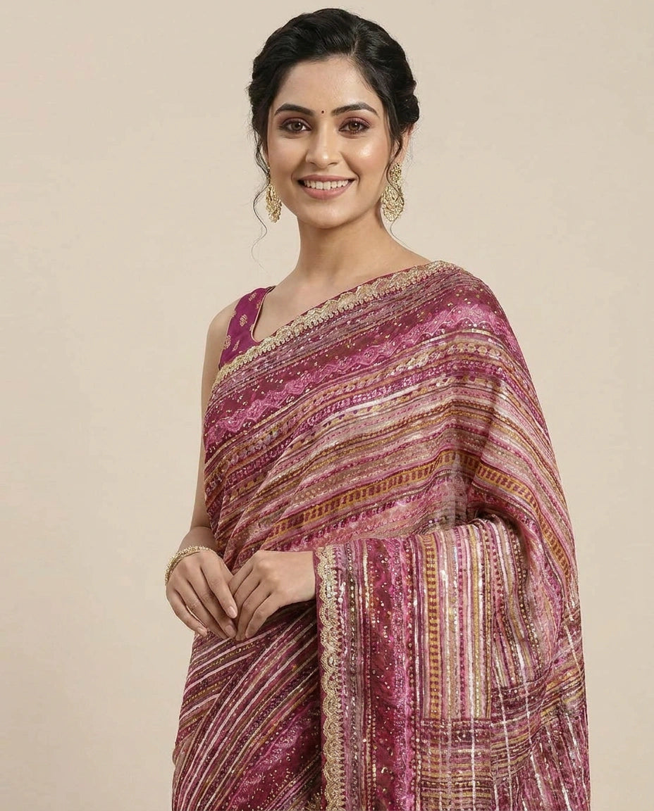 Multi-Colour Organza Embroidered Saree with Striped Pattern - Rangoli India