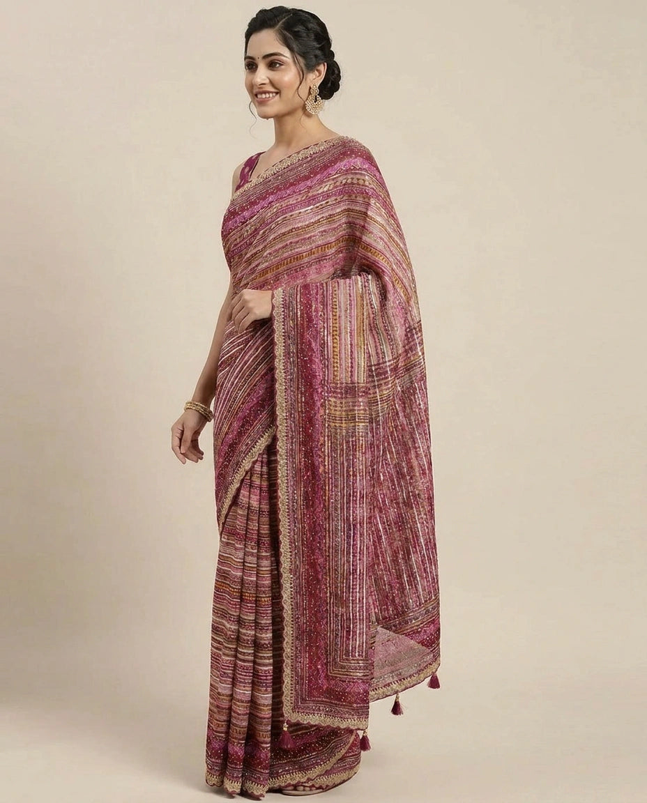 Multi-Colour Organza Embroidered Saree with Striped Pattern - Rangoli India