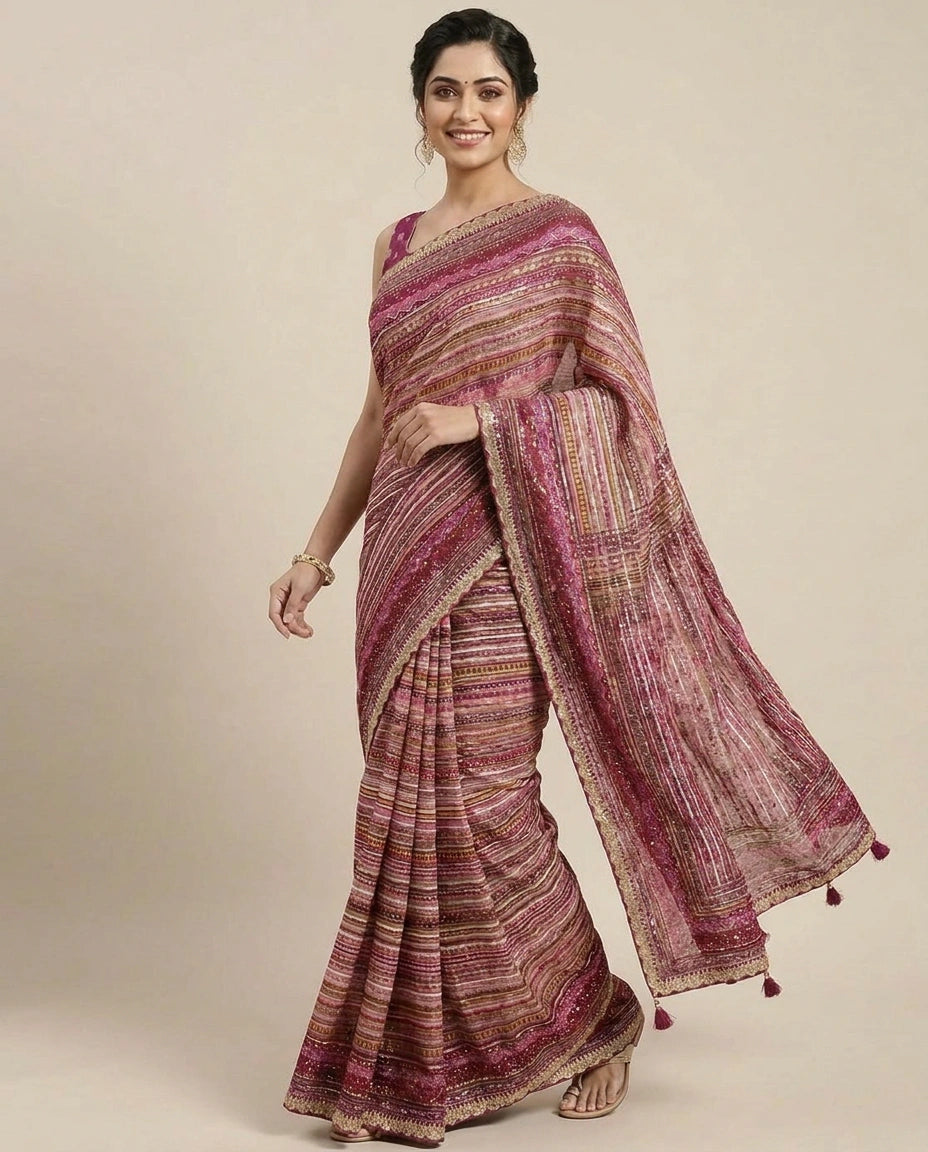 Multi-Colour Organza Embroidered Saree with Striped Pattern - Rangoli India
