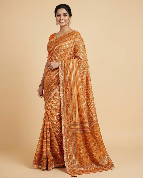 Multi-Colour Organza Embroidered Saree with Striped Pattern - Rangoli India