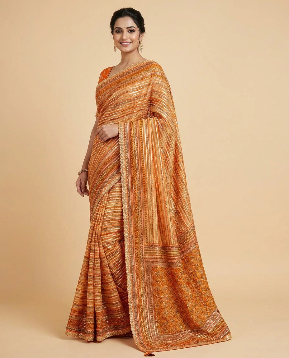 Multi-Colour Organza Embroidered Saree with Striped Pattern - Rangoli India