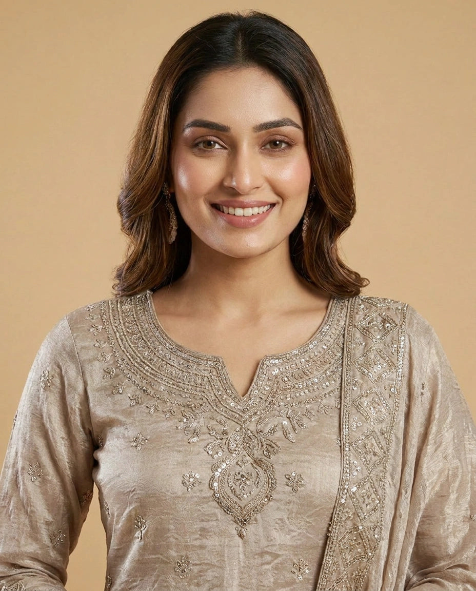Beige & Pink Tissue Sharara Suit with Embroidered Detail - Rangoli India