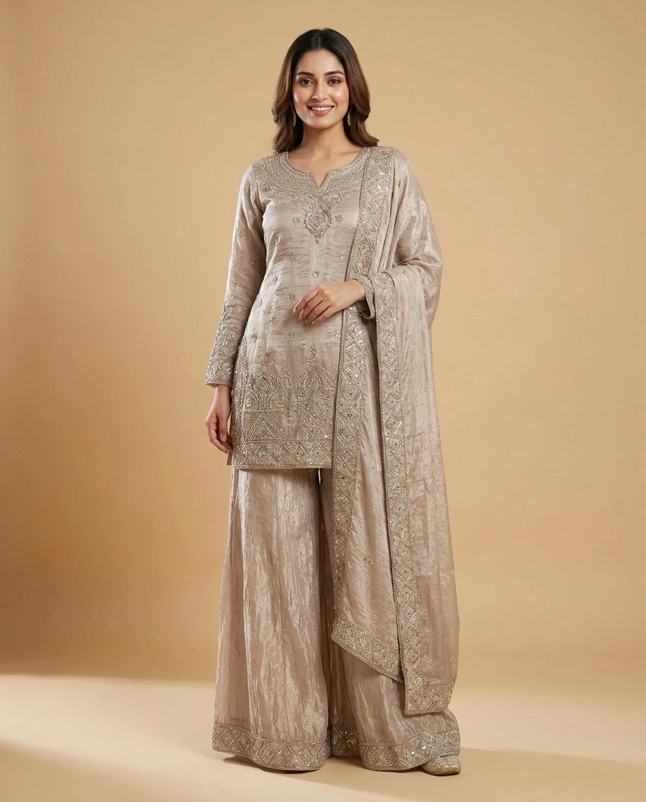 Beige & Pink Tissue Sharara Suit with Embroidered Detail - Rangoli India