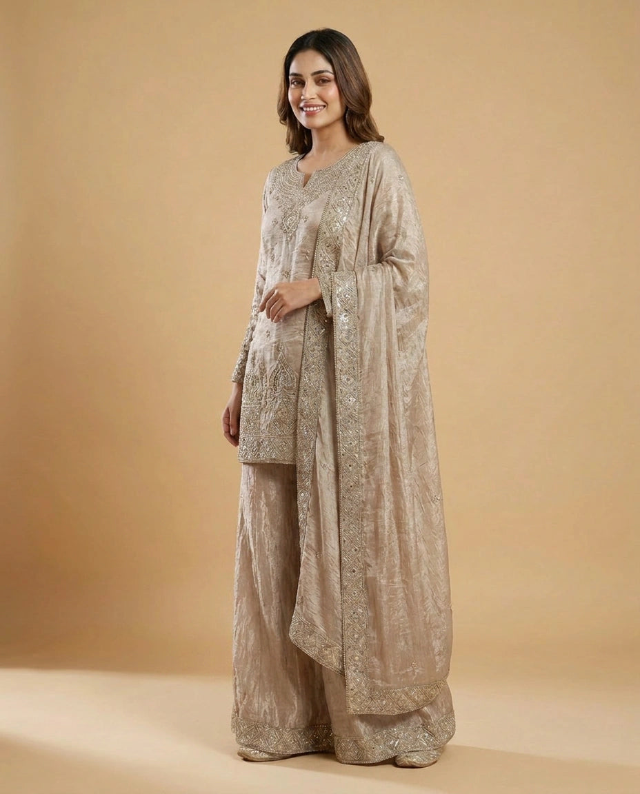Beige & Pink Tissue Sharara Suit with Embroidered Detail - Rangoli India