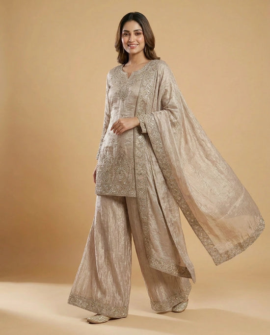 Beige & Pink Tissue Sharara Suit with Embroidered Detail - Rangoli India